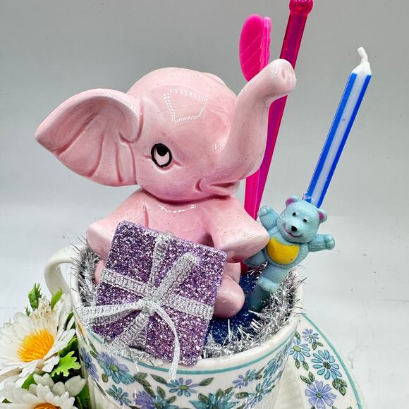 Birthday Pink Elephant Assemblage Decor - tea cup and florals - Picture 4 of 9